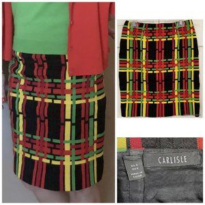 Carlisle Linen Pencil Skirt Size 4 Lined Multicolored Abstract Black Knee Length